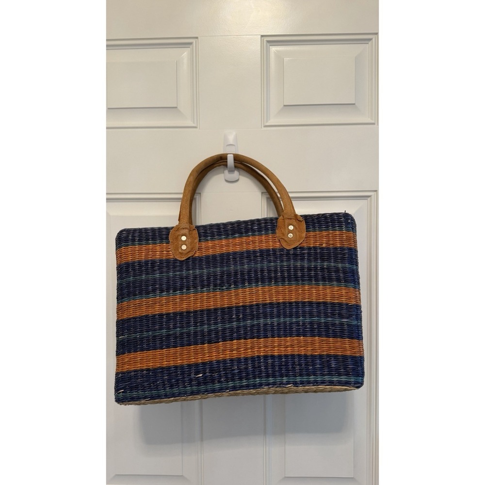 African Bolga Market Basket Large Ghana Tote Handwoven Leather Handles Boho